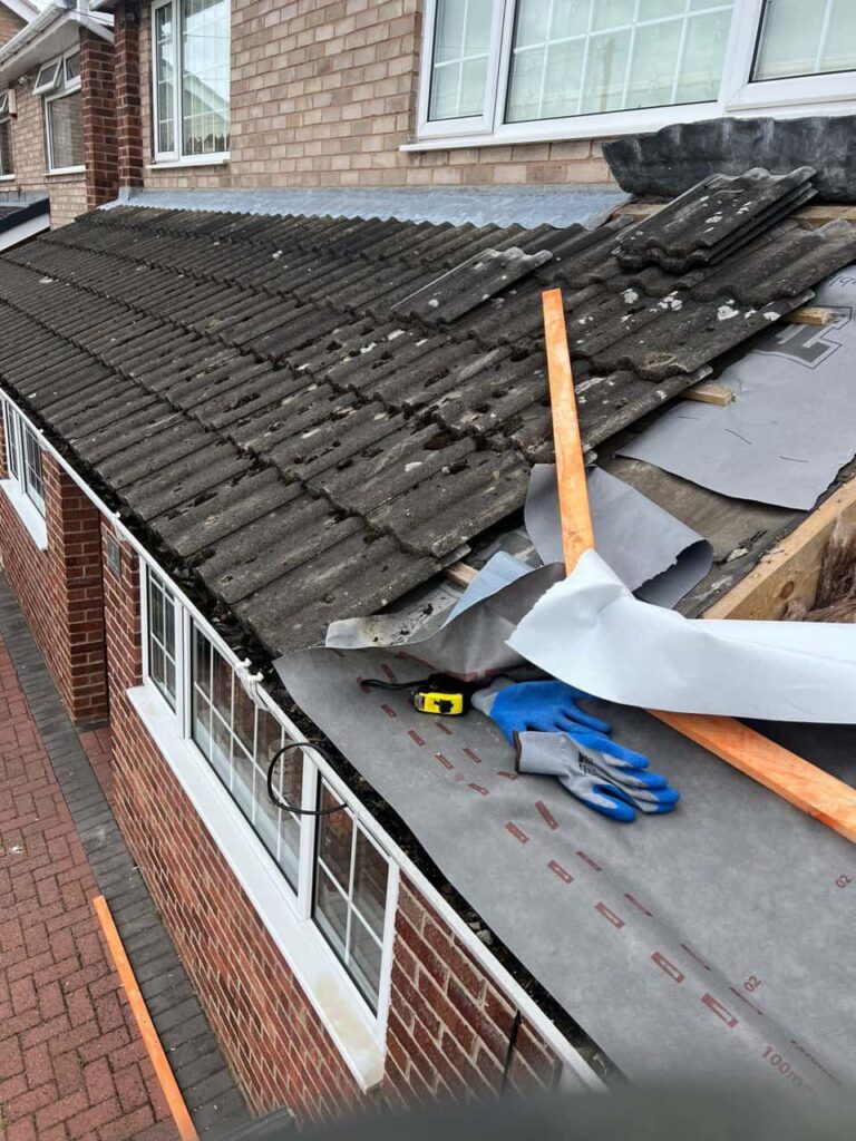 This is a photo of a pitched roof which is being repaired. The existing roof was leaking badly. Works carried out by Cannock Roofing Repairs